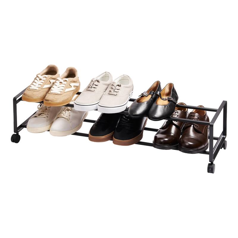 Yamazaki Home Two-Tier Rolling Shoe Rack, Steel - L 10.83 x W 32.87 x H 8.15 inches - Black
