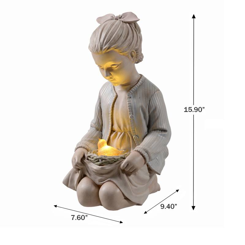 LED Solar Powered Sitting Girl with Bird Nest Outdoor Garden Statue - 16"