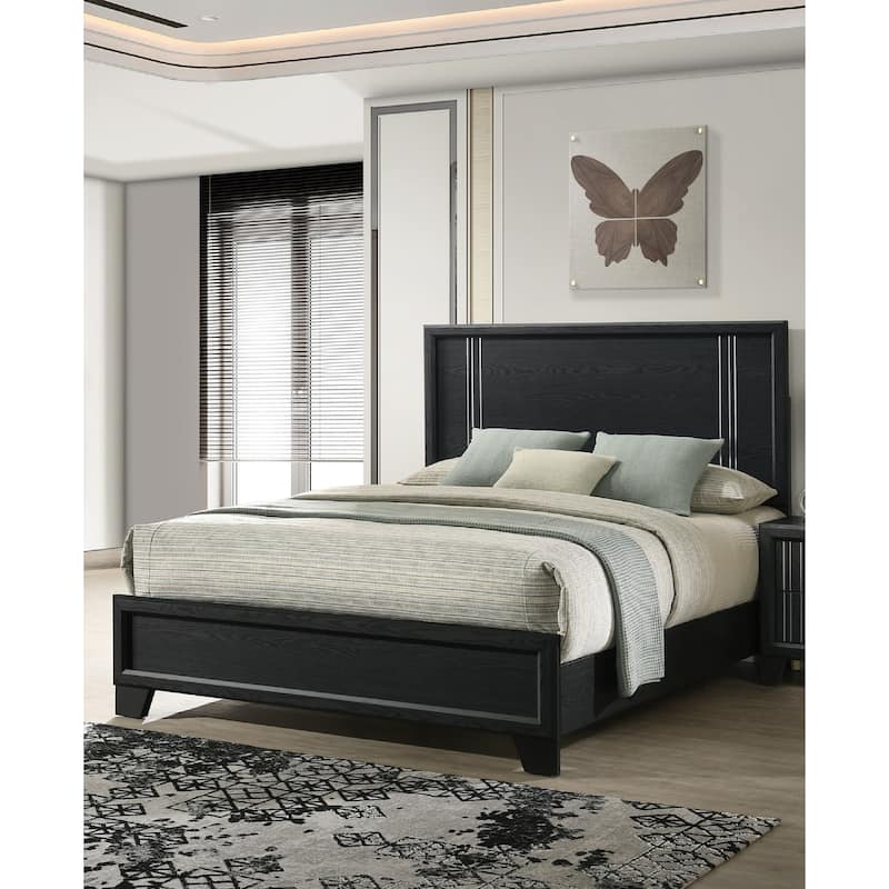 Queen Size Panel Bed with Charcoal Finish, Contemporary Wooden Bedroom Furniture