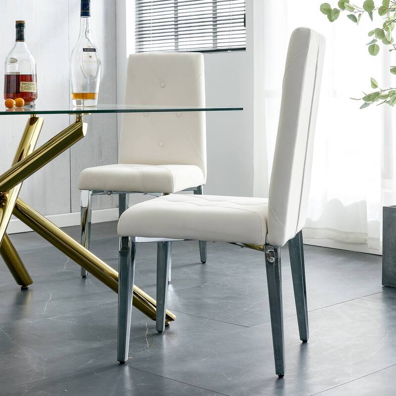 2PCS Dining Chair,C-shaped Tube Plating Metal Legs Office Chairs with Inset Button - Set of 2 - Beige