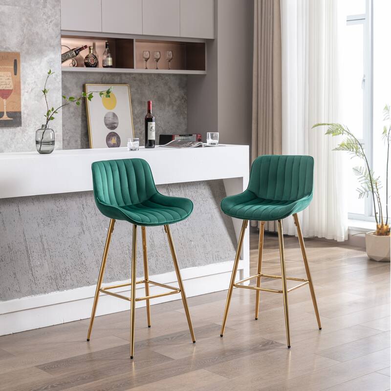 Set of 2 30" High Bar Stools, Green Velvet Fabric with Chrome Footrest & Gold Legs