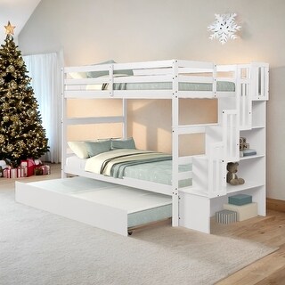 Modern & Clean Design Twin over Twin Bunk Beds With Twin Trundle and Stairway Storage Function,Elegant Children Bed