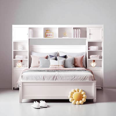 Full Size Platform Bed with Storage Cabinet, Headboard Shelves, and 4 Drawers, Solid Wood Frame