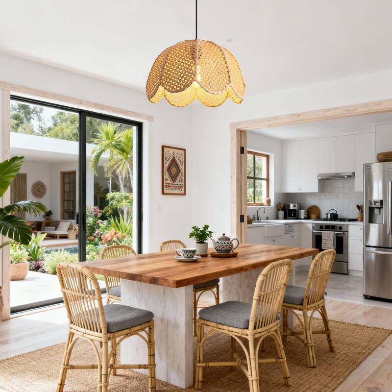 1-Light Farmhouse Flower Shaped Brown Hand-Woven Natural Rattan Ceiling Light Fixture - 15.7" W x 55" H