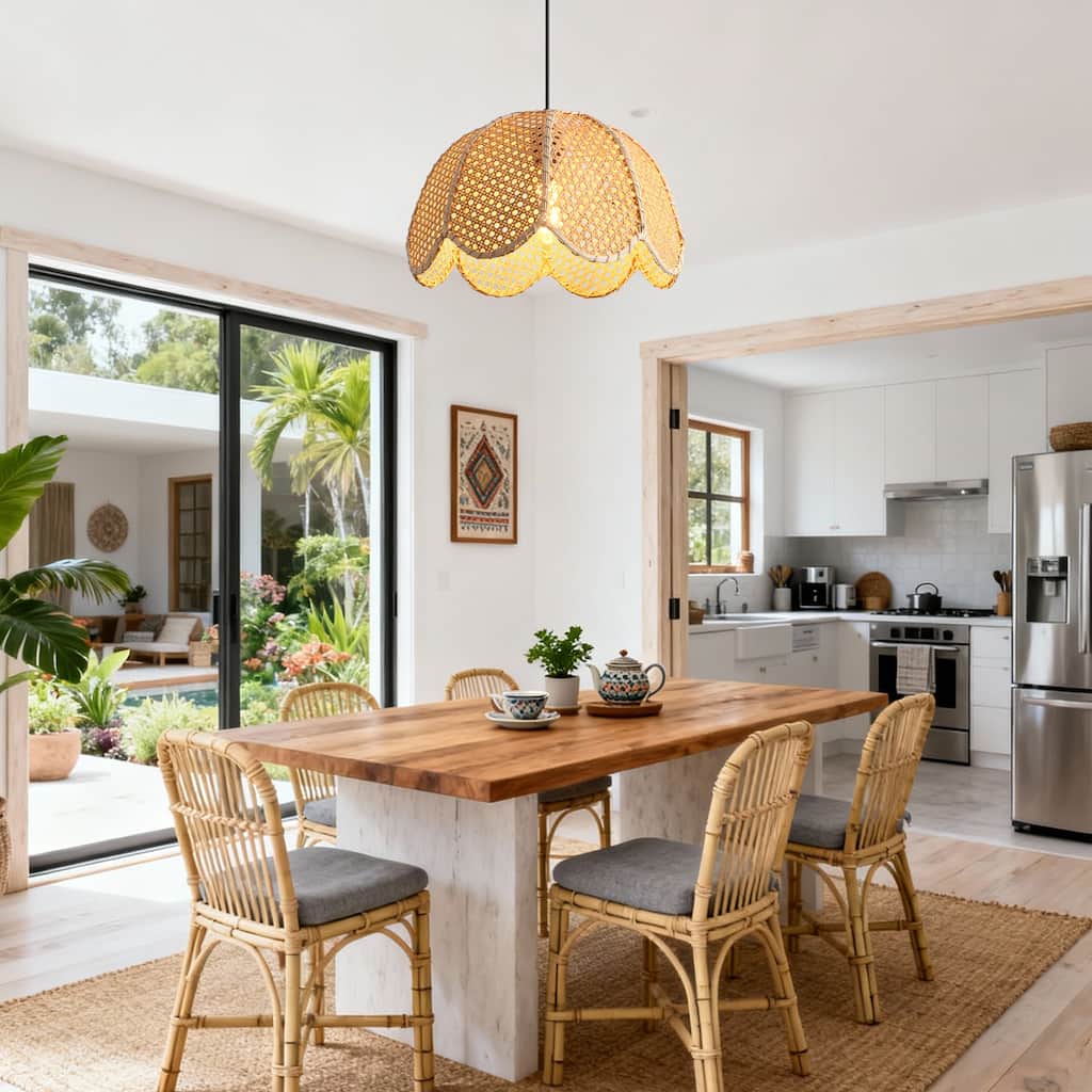 1-Light Farmhouse Flower Shaped Brown Hand-Woven Natural Rattan Ceiling Light Fixture - 15.7" W x 55" H