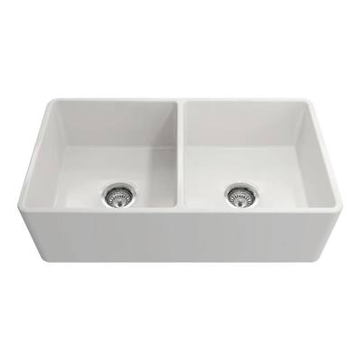 33x18 Crestwood Farmhouse Sink, White Fireclay, Double Bowl Apron Front