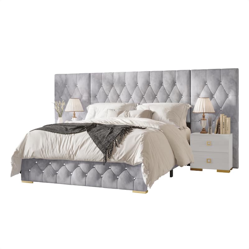 CraftPorch Luxurious Velvet Tufted Platform Bed with Wall Panels