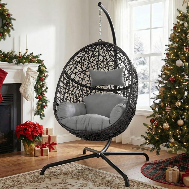 Extra Large Egg Chair with Stand, 450 lbs Capacity Hanging Basket Chair, Indoor/Outdoor Wicker Nest Swing Chair with Cushions - Light Grey
