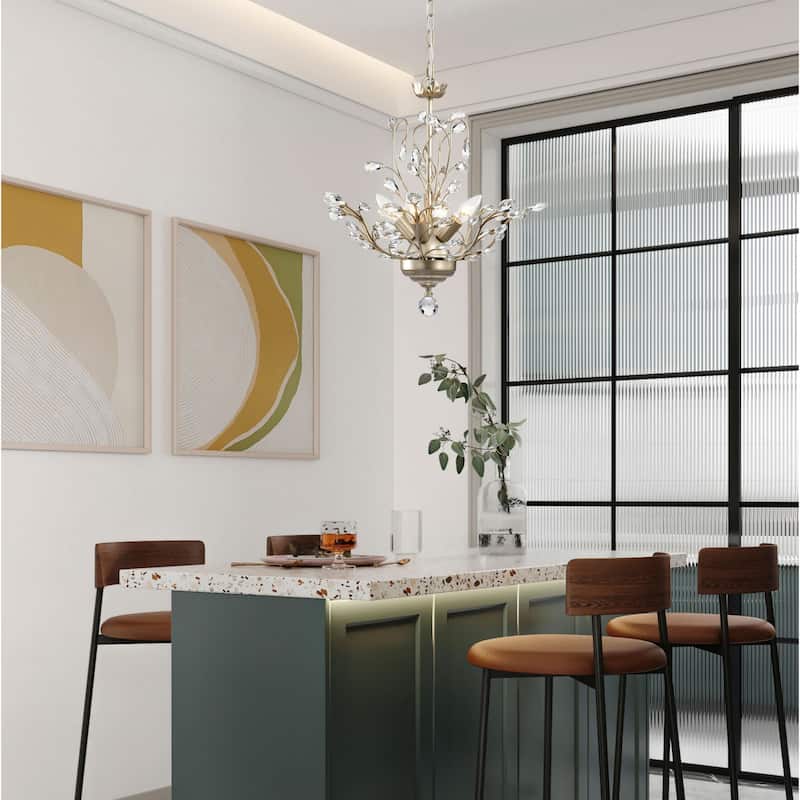 Holly 4-light Brushed Silver-ish Champagne Crystal Leaves Chandelier - 18.1 inches in diameter x 18.1 inches H
