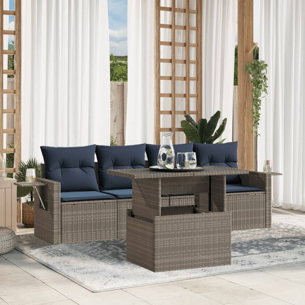 vidaXL Patio Sofa Set with Cushions Table and Couches 5 Piece Poly Rattan - 21.7 x 24.4 x 27.2