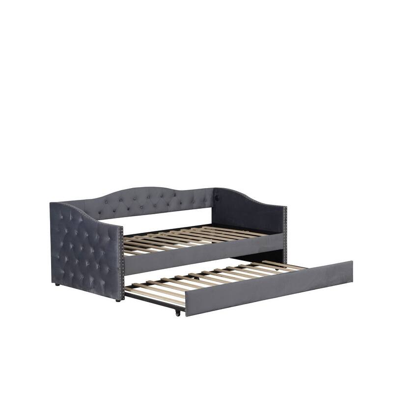Twin Size Upholstered Daybed with Trundle and USB Charging