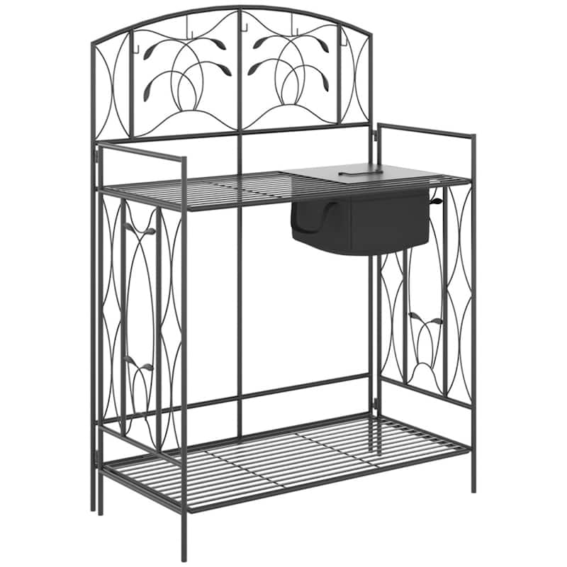 Folding Garden Potting Bench with Shelves, Hooks & Workstation - 33.5" L x 17" W x 47.25" H - Black