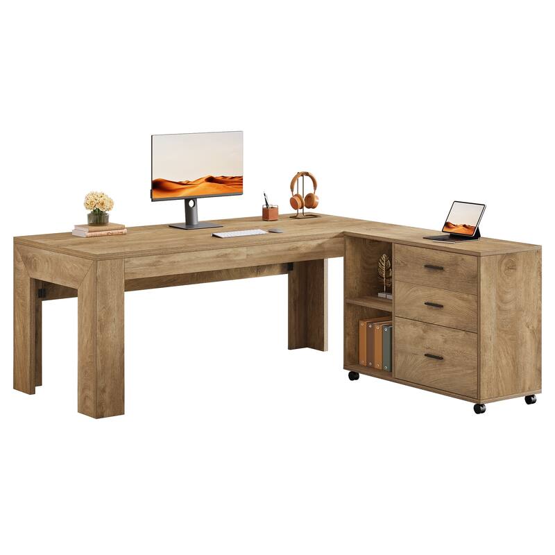 63" L Shaped Executive Office Desk with Mobile Lateral File Cabinet