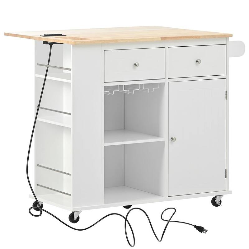 Kitchen Island Cart with Wheels ,Power Outlet, Drop Leaf, Wine Rack