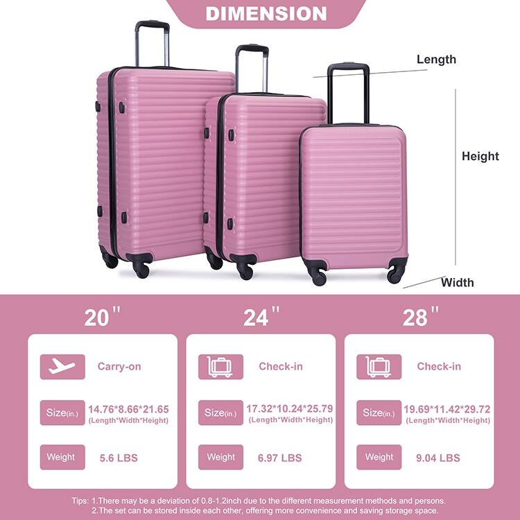 Durable 3-Piece ABS Luggage Set, Carry-On 20", Check-In 24" & 28" with Spinner Wheels