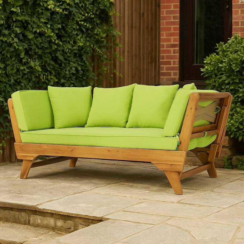 Flex Outdoor Daybed, 65 Inch Teak Brown Acacia Wood, Green Cushions