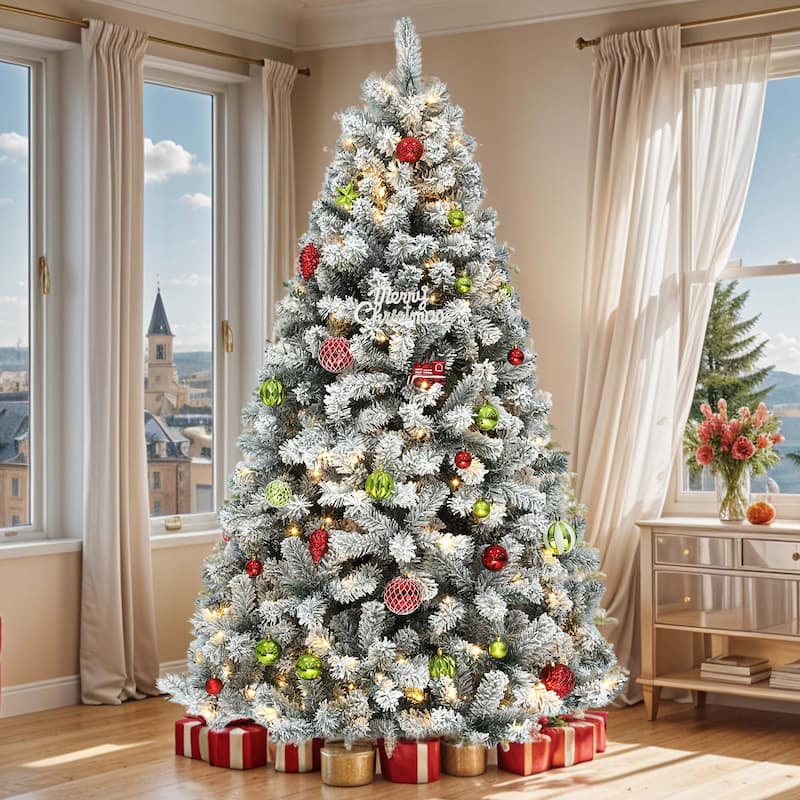 6 /7.5 /9 ft Prelit Snow Flocked Christmas Tree with Remote, 11 Light Modes & Foldable Base