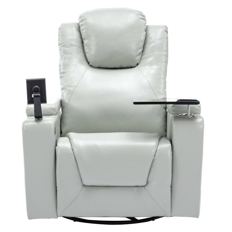 270 Degree Swivel PU Leather Power Recliner Individual Seat Home Theater Recliner with Surround Sound， Removable Tray Table - Grey