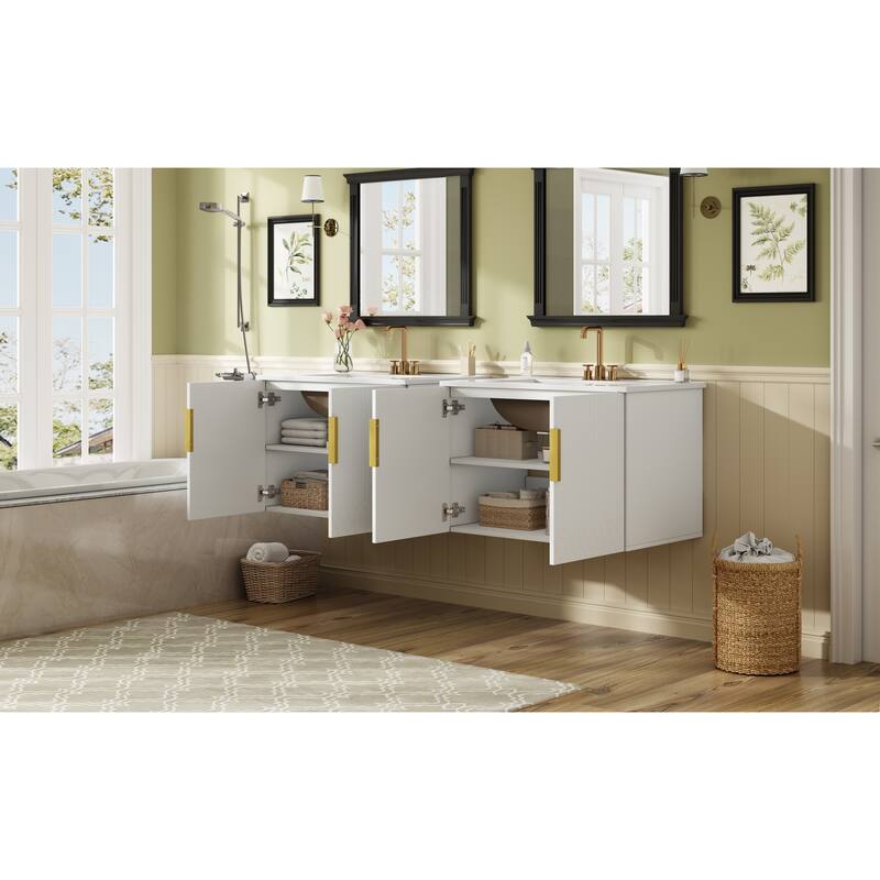 GDFStudio - Marwood Vintage Double Bathroom Vanity Set with 3 Holes Single Ceramic Sink & Soft Closing Doors - 60'W