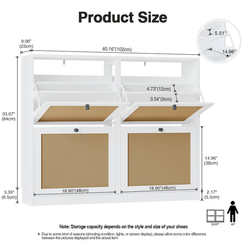 Anmytek 24 Pairs Large White Rattan Shoe Storage Cabinet with 4 Flip Drawers Narrow Shoe Storage Organizer for Entryway