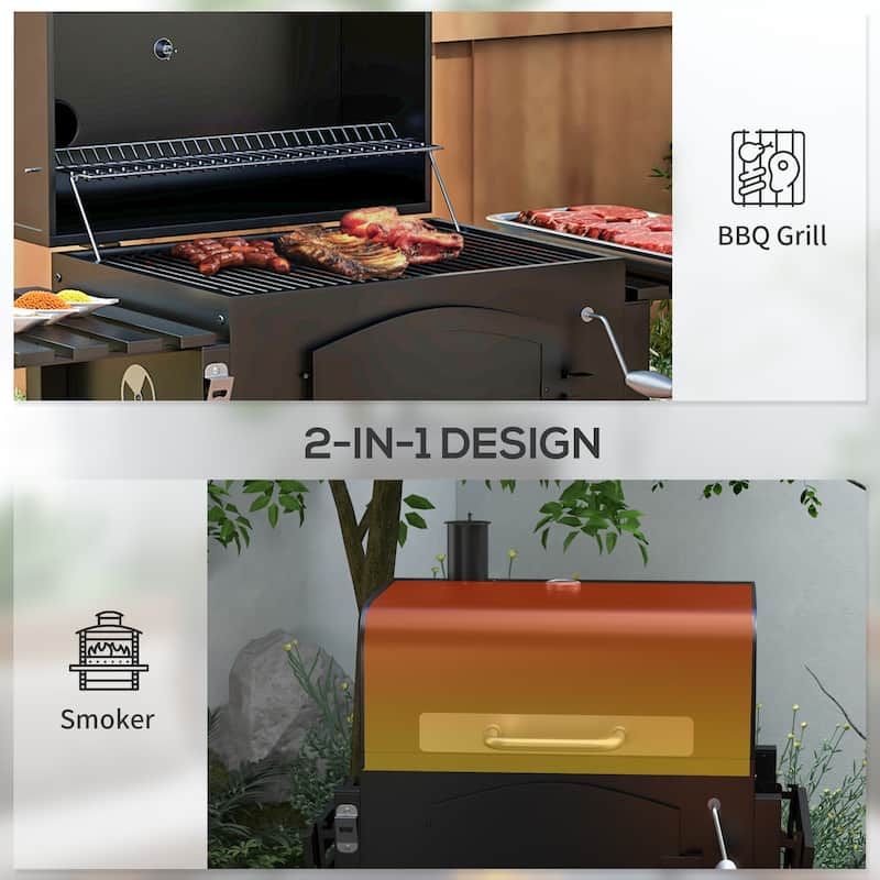 Charcoal Grill, BBQ with Adjustable Height, Portable Barbecue with Folding Shelves, Thermometer, Bottle Opener & Wheels
