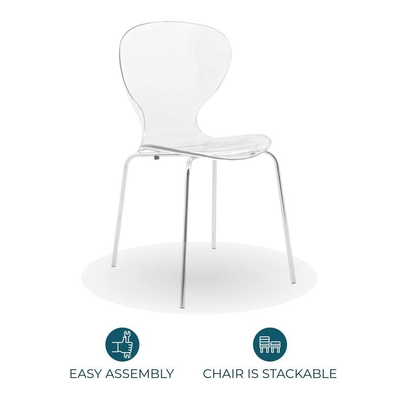 Oyster Modern Stackable Plastic Dining Chair with Curved Backrest and Accent Chrome Legs for Kitchen or Café Use Set of 2