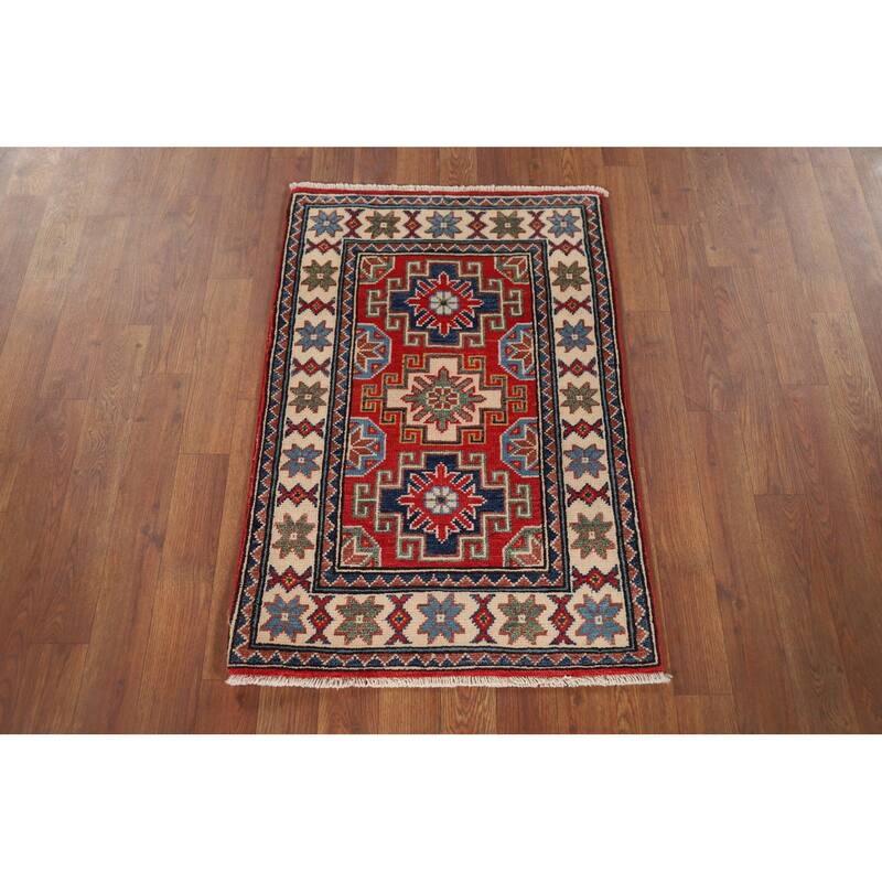Hand Knotted Oriental 100% Wool Carpet Traditional Geometric Red Kazak Area Rug - 3' 0'' X 2' 0''