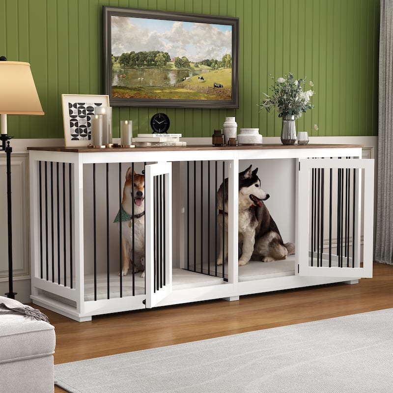 Large Dog Crate Furniture, 70.9"L Wooden Dog Crate Kennel with Divider