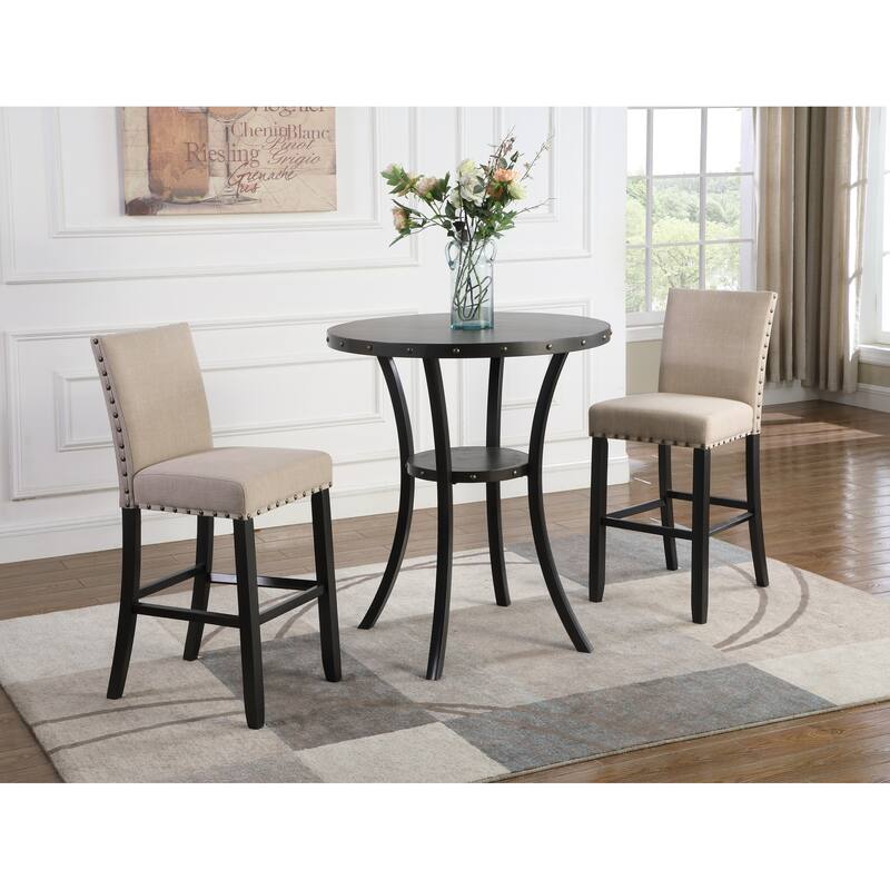 Modern Style 3-Piece Dining Set with Round Bar Table and 2 Nailhead Pub Chairs - Black+Beige
