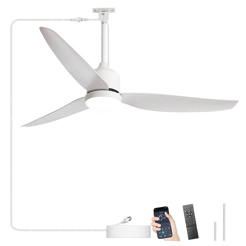 Outdoor Ceiling Fan with Light: 42-52 Inch Hanging - Plug in Waterproof Fans for Patio - Dimmable Remote App Control Black - White - 52in