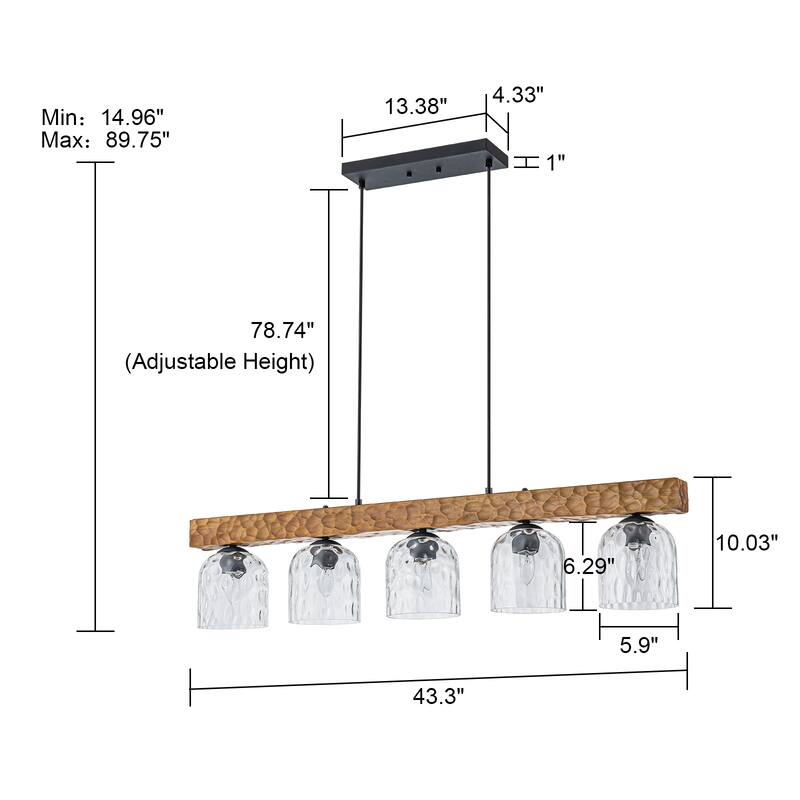 Farmhouse 5-Light Linear Island Pendant with Hammered Glass Shades and Antique Wood Finish