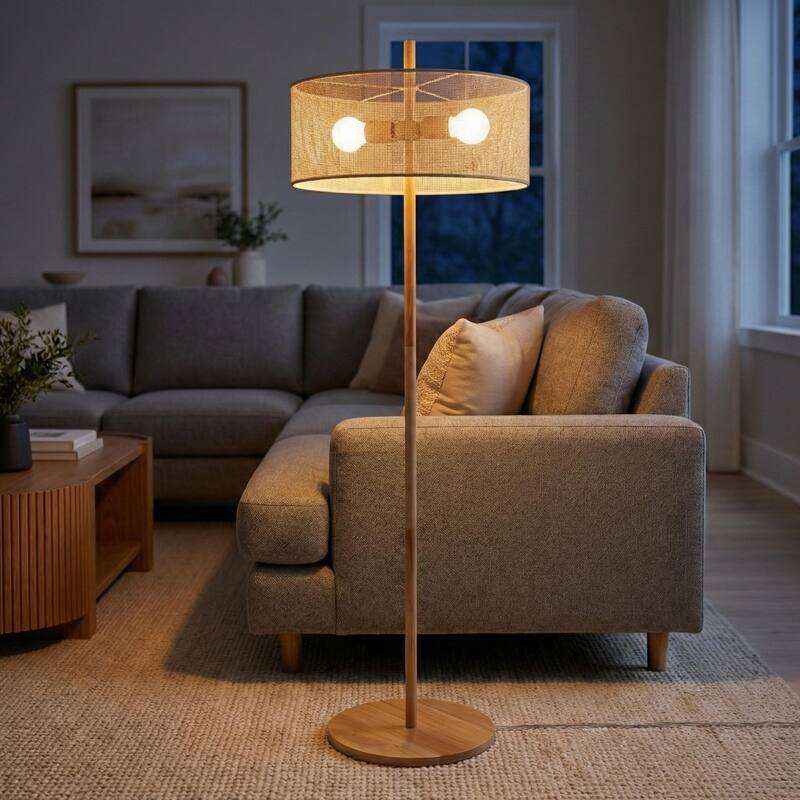Layla Natural Wood Floor Lamp with Linen Drum Shade