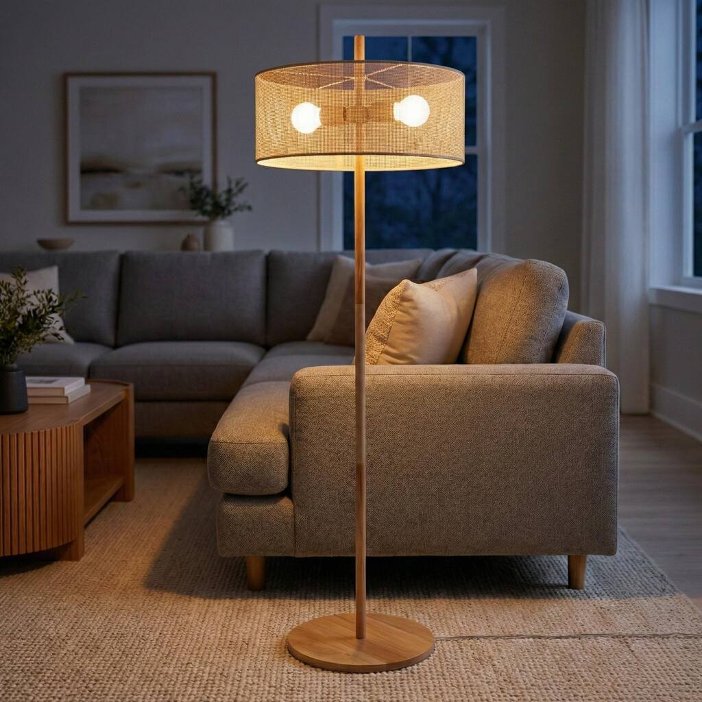 Layla Natural Wood Floor Lamp with Linen Drum Shade