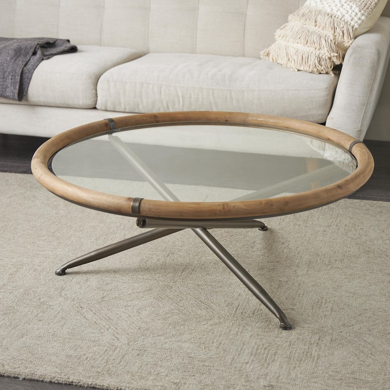 Metal Round Coffee Table with Brown Wooden Framed Glass Tabletop - Brass - Roche River Decor