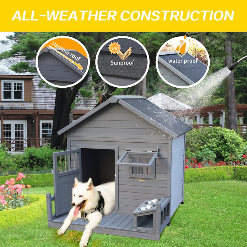 Outdoor Detachable Wooden Dog House Pet House with Lockable Door, Patio, 2 Metal Bowls, Suitable for Medium and Large Dogs