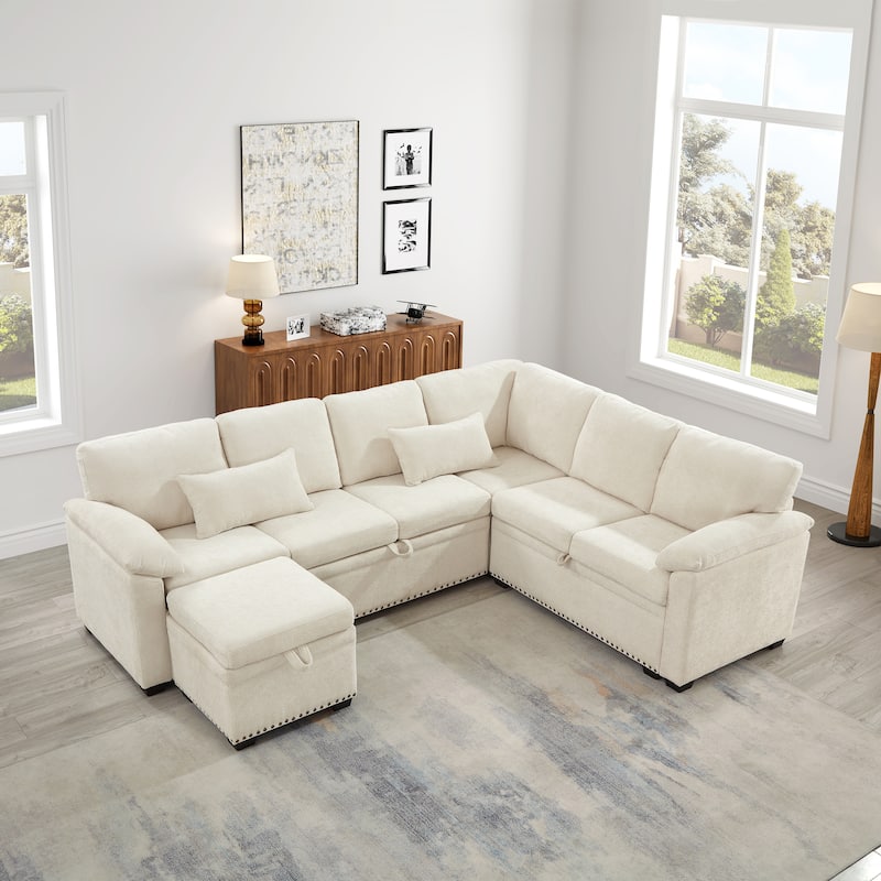 Corner Sectional Sofa with Pull Out Chaise Lounge and Pillow Top Arms, Chenille Sleeper Couch with Storage Seat and Ottoman - Beige