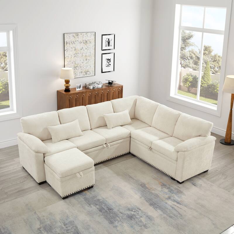 L-Shaped Chenille Sectional Sofa with Pull-Out Bed, Upholstered Convertible 7-Seater Sofa with Storage Ottoman & 2 Pillows