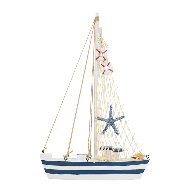 Resin Sail Boat Sculpture with Netting and Starfish Details - Set of 3 Blue - Roche River Decor - 2"W x 9"L x 14"H