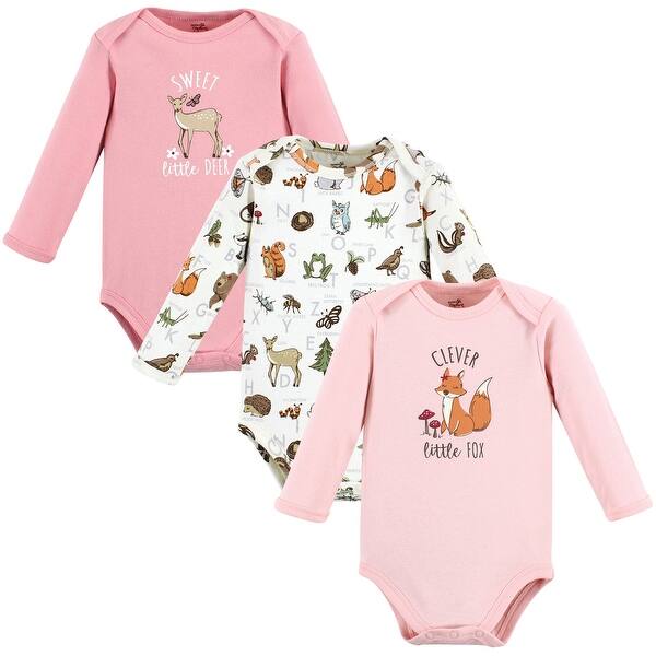 slide 1 of 1, Touched by Nature Infant Girl Organic Cotton Long-Sleeve Bodysuits, Girl Woodland Alphabet 3-Pack 0-3 Months - Girl Woodland Alphabet 3-Pack