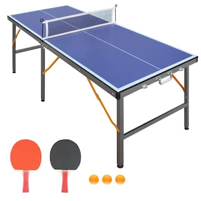 5ft Mid-Size Table Tennis Table Foldable & Portable Ping Pong Table Set with Net, 2 Table Tennis Paddles and 3 Balls