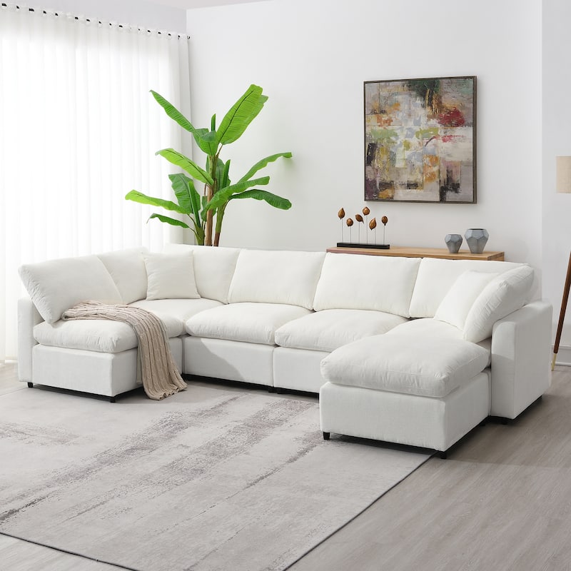 Modular 6-Seat Chenille Sectional Sofa Bed with Ottoman, Convertible U-Shape, Beige - Reversible - Beige