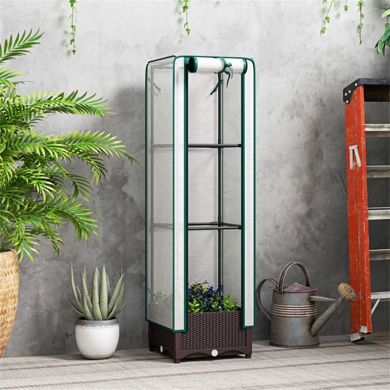 Brown and White Mini Greenhouse with PE Cover and Self-Watering System and Roll-Up Zipper