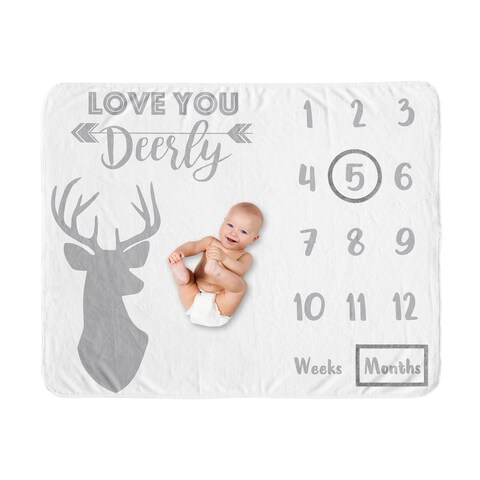 Grey Woodland Deer Collection Boy Baby Monthly Milestone Blanket - Gray and White Stag Forest Animal Love You Deerly