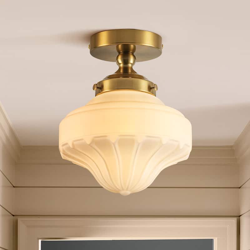 8.7 in. 1-Light Retro Black/Antique Gold Ice-Cream Shaped Semi-Flush Mount Ceiling Light with Opal Textured Glass Shade - Gold/White