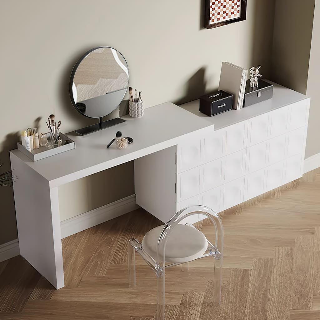 White Solid Wood Bedroom Dresser 6 Drawer Chest of Drawers Simple Assembly Extendable 47.24'' - 90'' Vanity with 6 Drawers