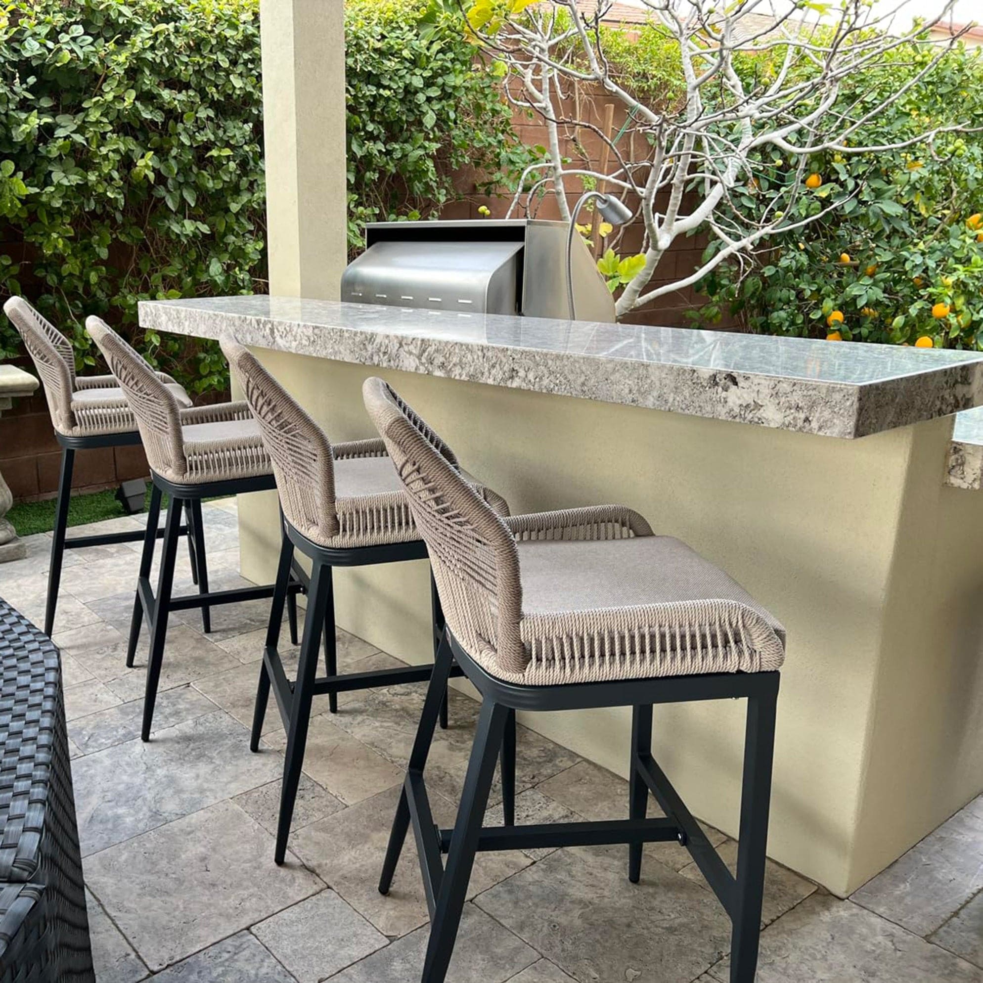 PURPLE LEAF Bar Stools Set of 4 Outdoor Bar Height Metal Stools Modern Wicker Rattan Barstools with Back Aluminum