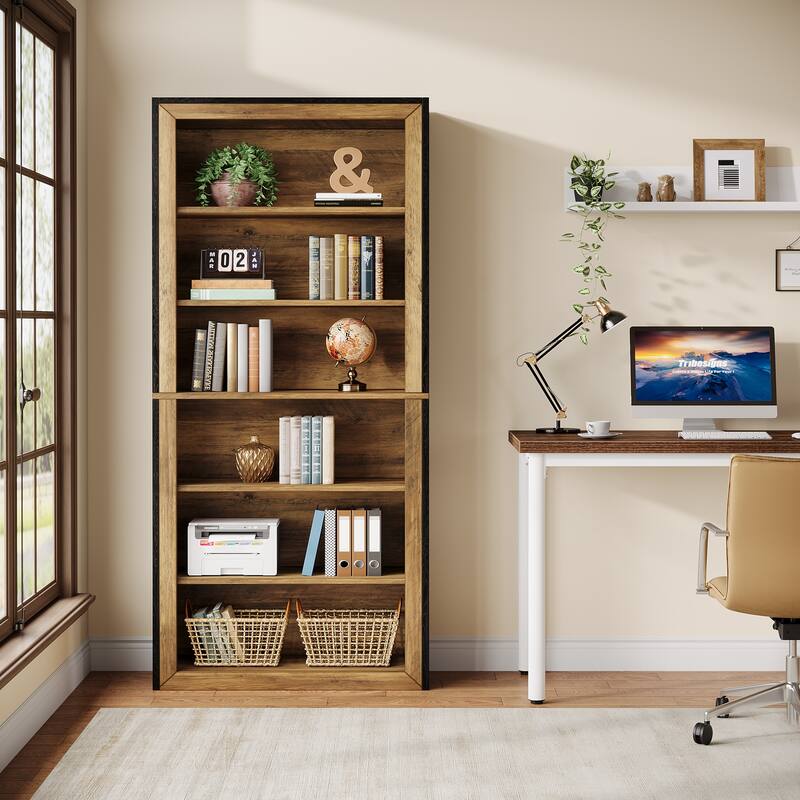 74.4'' Tall Bookcase with Storage Shelves, 6-Tier Wood Bookshelf (Set of 2)