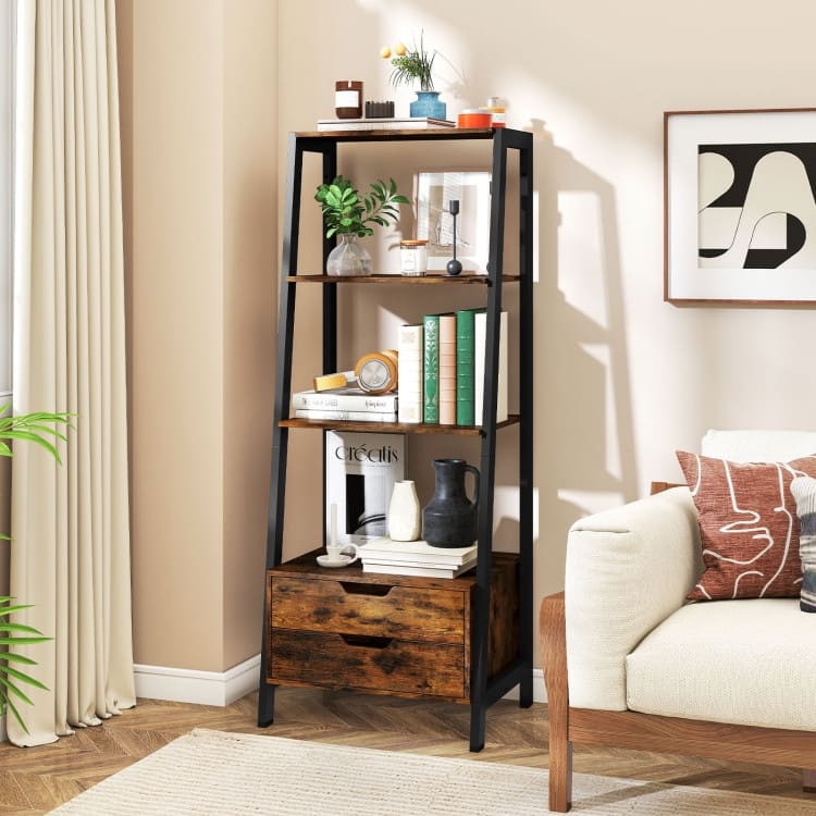 Ladder Bookshelf 4-Tier Freestanding Bookcase with Drawers - 20.5" x 15.5" x 52.5"