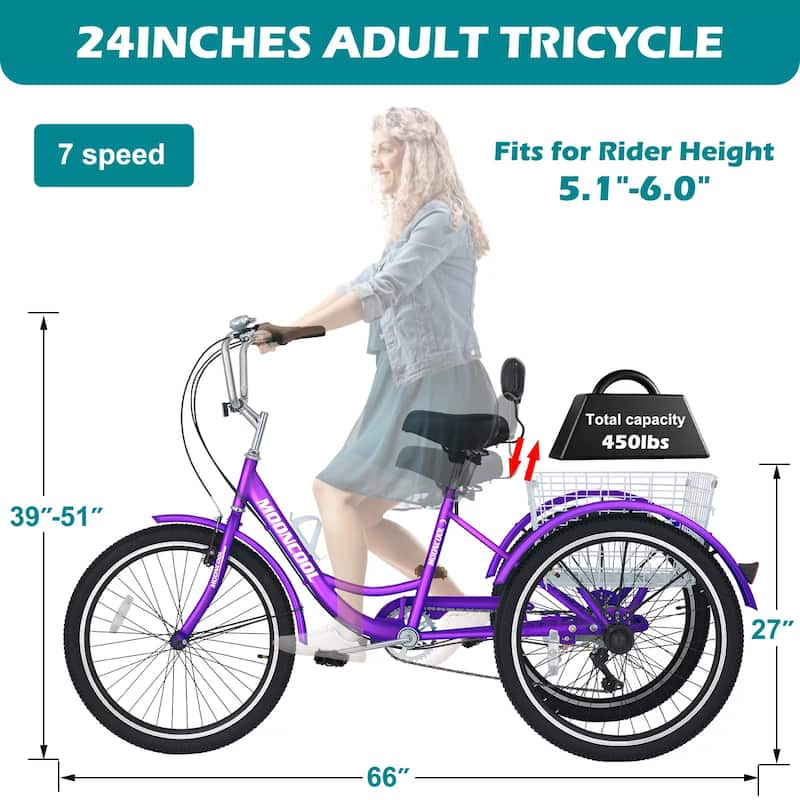 DoCred 24" Adult Tricycles Unisex, Trike Bike with Basket