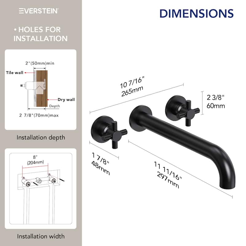 Double Handle Wall Mounted Tub Filler High Flow Tub Faucet Trim